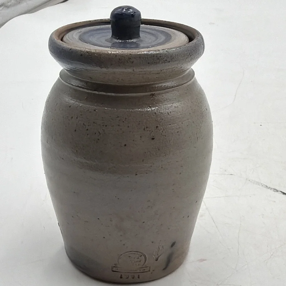 1991 Vintage Rowe Pottery Stoneware Spice Herb Jar Thyme Gray Dark Blue Cobalt